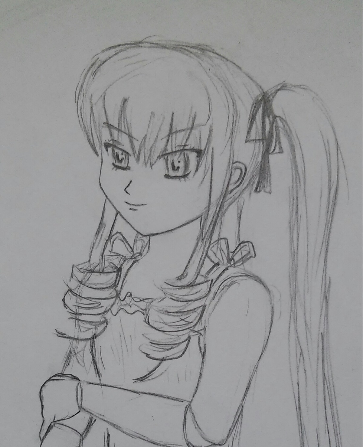 1girl crossed_arms drill_hair graphite_(medium) greyscale hair_ribbon image long_hair looking_at_viewer monochrome ribbon shinku sketch smile solo traditional_media twin_drills upper_body