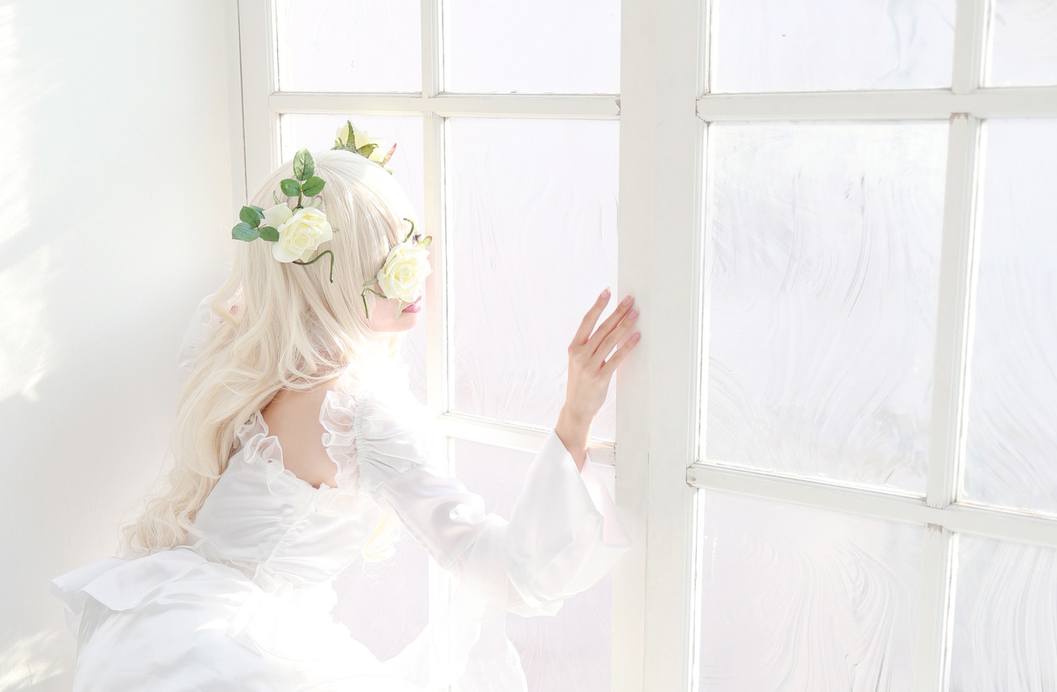1girl bare_shoulders dress flower hair_ornament kirakishou long_hair solo striped white_dress white_hair white_theme window