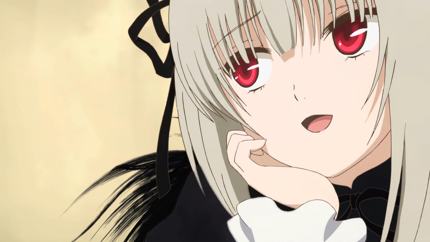 1girl :d black_ribbon close-up dress hair_ribbon image long_hair long_sleeves looking_at_viewer open_mouth red_eyes ribbon smile solo suigintou