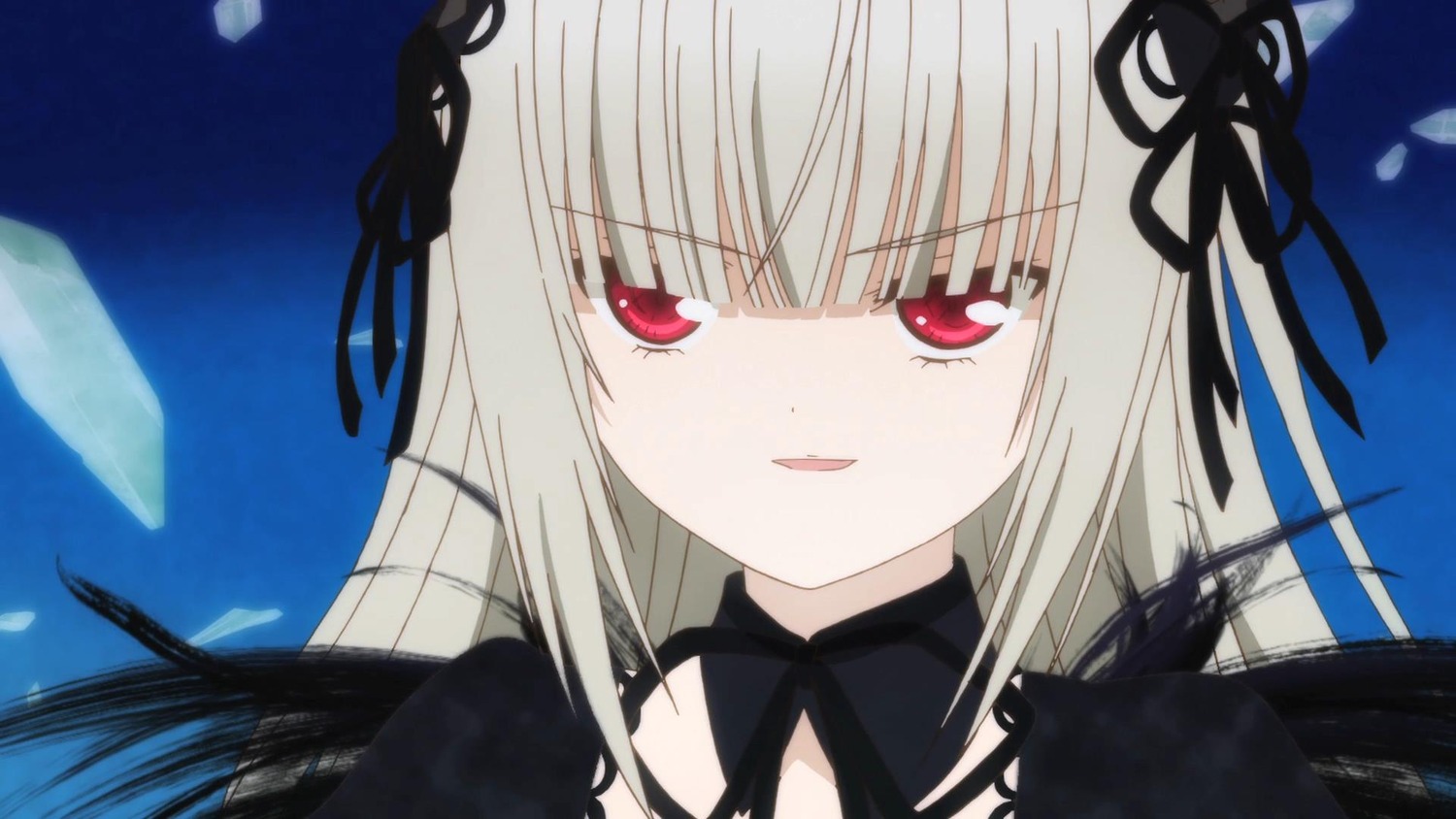 1girl bangs black_dress black_ribbon black_wings dress eyebrows_visible_through_hair flower image long_hair looking_at_viewer parted_lips red_eyes ribbon rose silver_hair solo suigintou wings