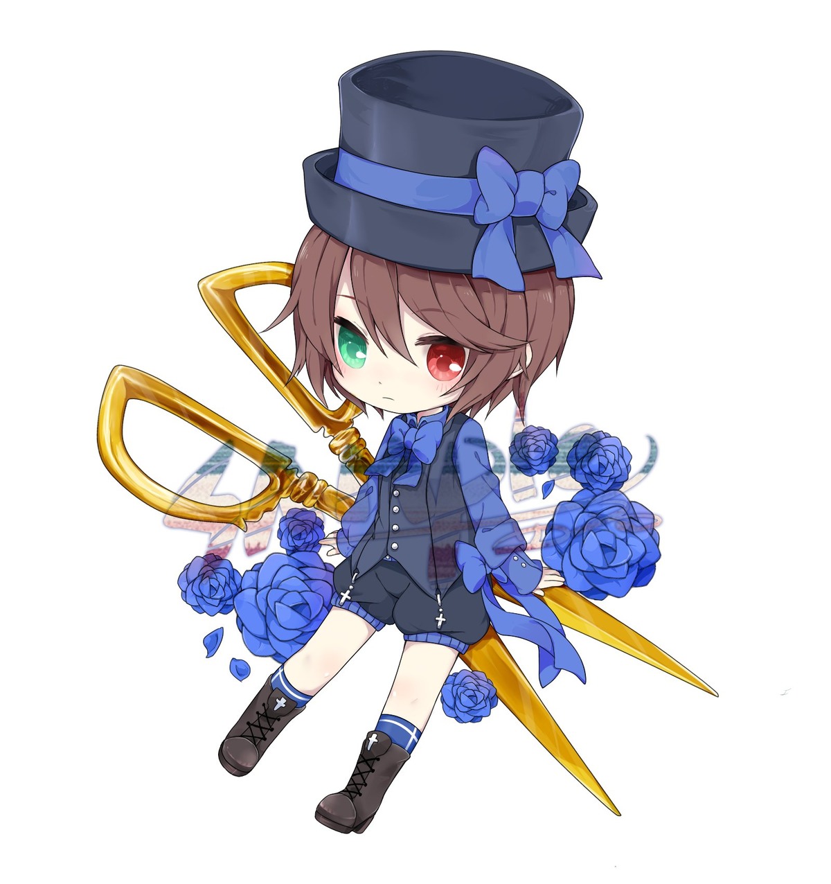 1boy blue_bow blue_flower blue_neckwear blue_rose bow brown_hair chibi flower full_body green_eyes hat heterochromia image looking_at_viewer red_eyes rose shorts solo souseiseki striped top_hat