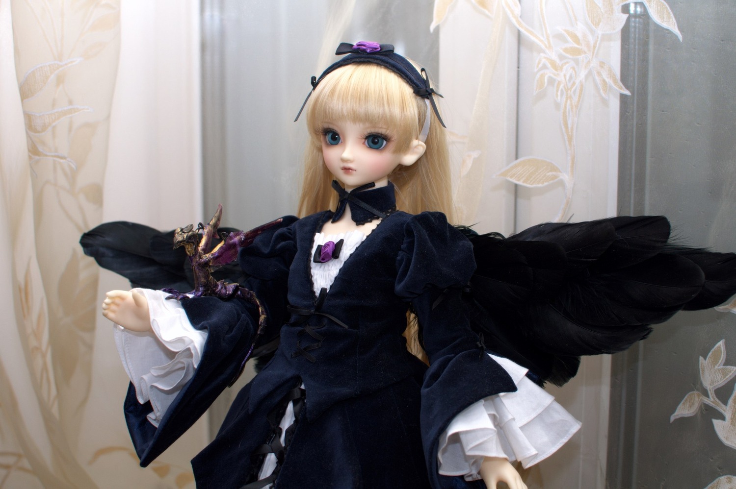 1girl black_dress blonde_hair blue_eyes curtains doll dress flower frills gothic_lolita lolita_fashion long_hair long_sleeves solo suigintou wide_sleeves