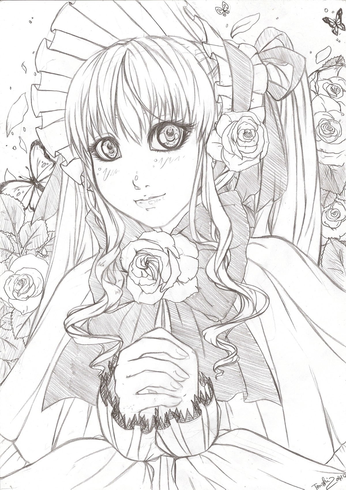 1girl bug butterfly flower greyscale hair_ribbon image insect long_hair long_sleeves looking_at_viewer monochrome ribbon rose shinku solo thorns traditional_media white_rose