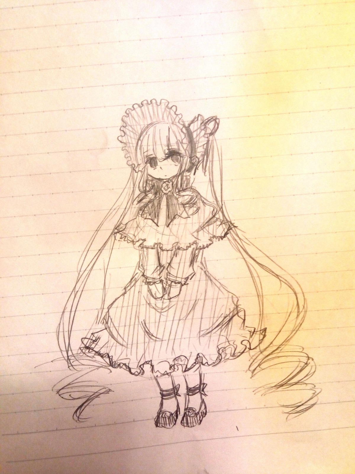 1girl blush capelet dress drill_hair frills full_body image lolita_fashion long_hair long_sleeves looking_at_viewer monochrome shinku solo standing twintails very_long_hair