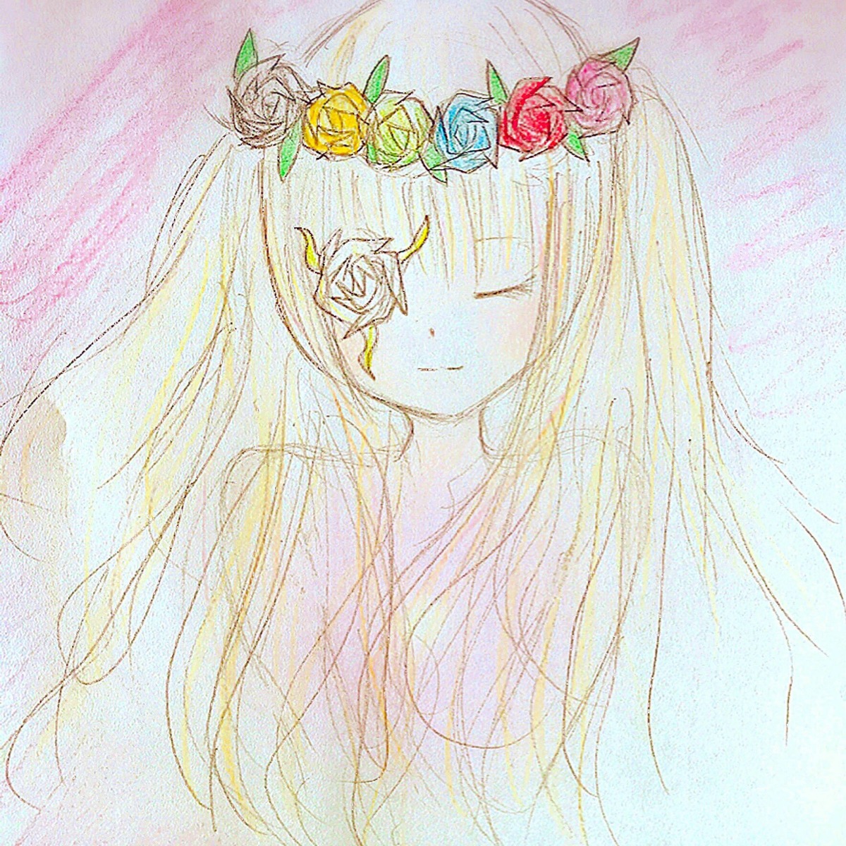 1girl blue_rose closed_eyes flower image kirakishou long_hair orange_flower pink_rose red_flower red_rose rose smile solo traditional_media upper_body yellow_flower yellow_rose