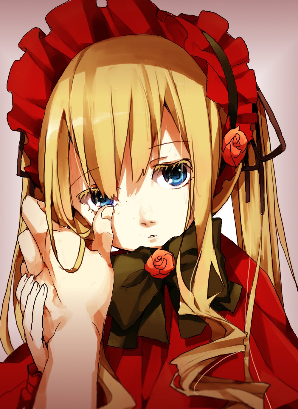 1girl blonde_hair blue_eyes bonnet bow bowtie drill_hair flower hand_on_another's_cheek hand_on_another's_face hands image long_hair red_flower red_rose rose shinku solo solo_focus twintails