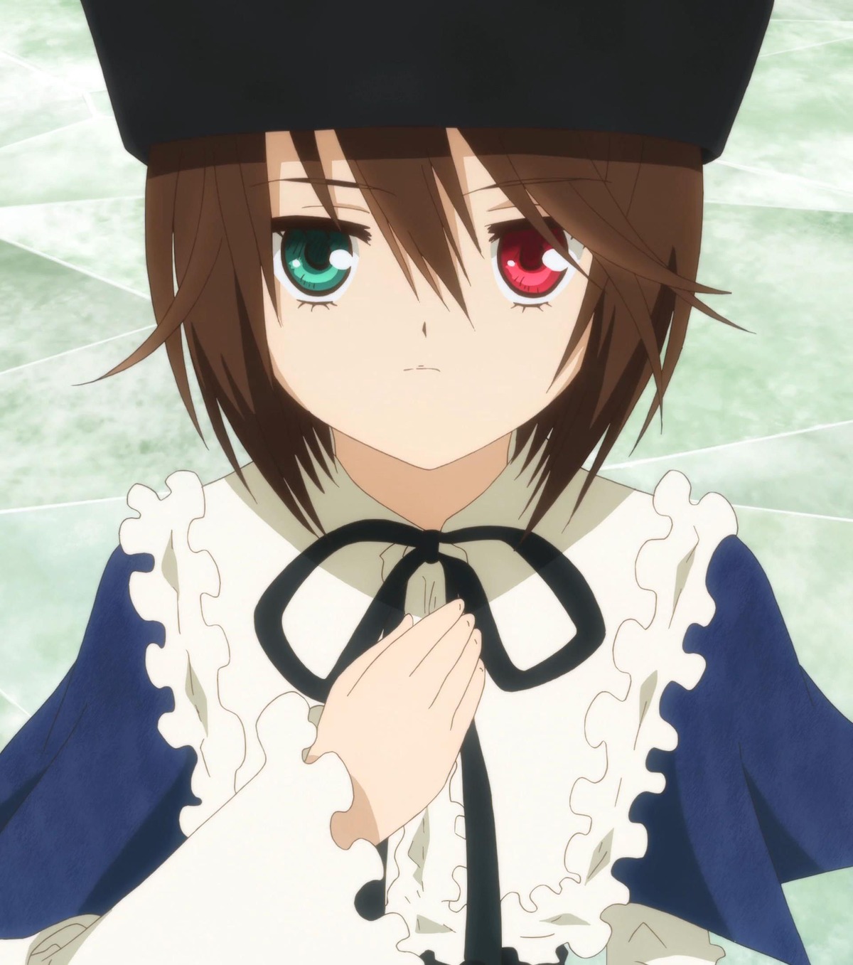 black_headwear black_ribbon brown_hair frills hand_on_own_chest hat heterochromia image long_sleeves looking_at_viewer neck_ribbon red_eyes ribbon short_hair solo souseiseki suiseiseki upper_body