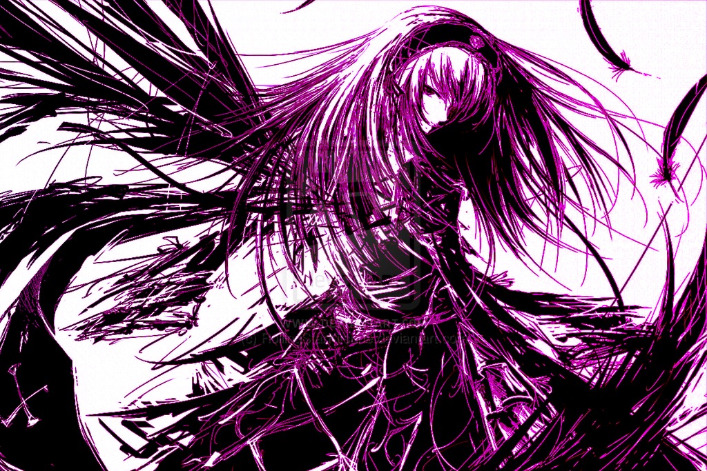 1girl dress hairband image long_hair looking_at_viewer monochrome solo suigintou wings