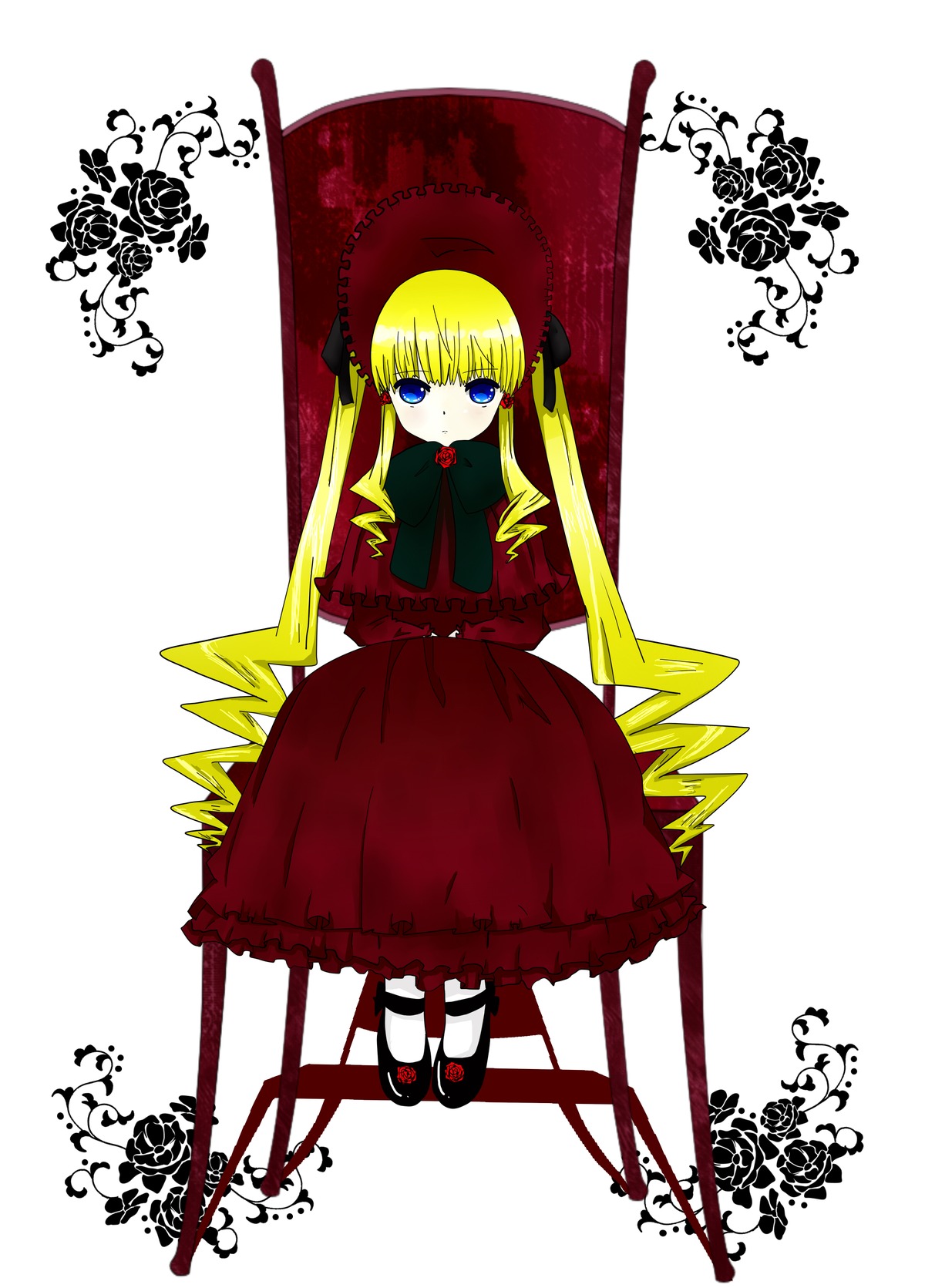 1girl blonde_hair blue_eyes blush bow dress flower full_body hair_ribbon image long_hair long_sleeves looking_at_viewer pantyhose red_dress shinku shoes solo standing twintails