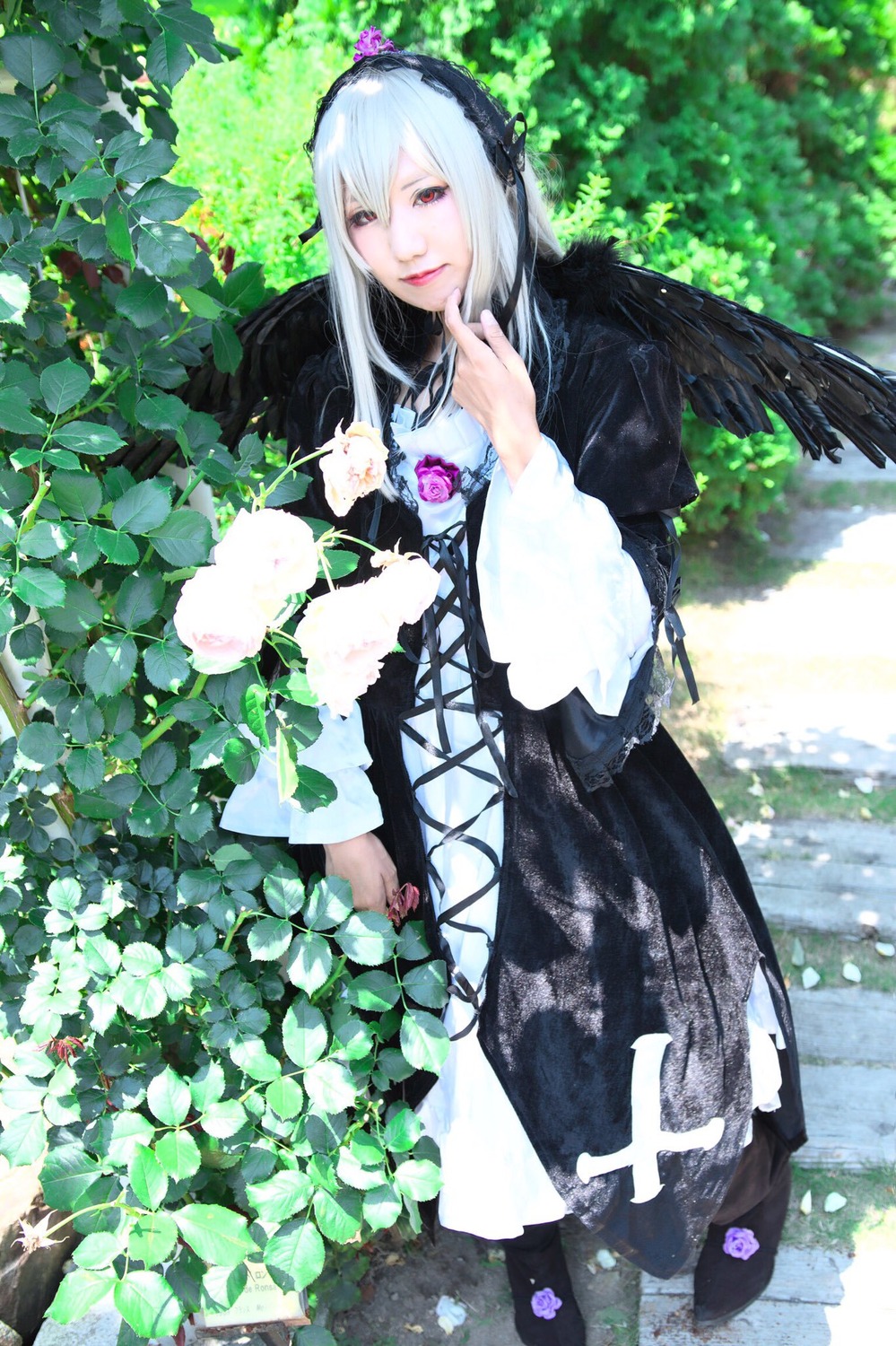 1girl dress flower gothic_lolita hairband long_hair long_sleeves looking_at_viewer outdoors red_eyes silver_hair solo standing suigintou wings