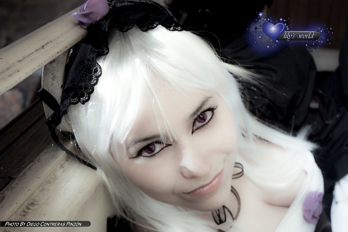 1girl artist_name deviantart_username gothic_lolita hairband lips lolita_fashion lolita_hairband looking_at_viewer patreon_username portrait purple_eyes realistic solo suigintou watermark weapon web_address white_hair