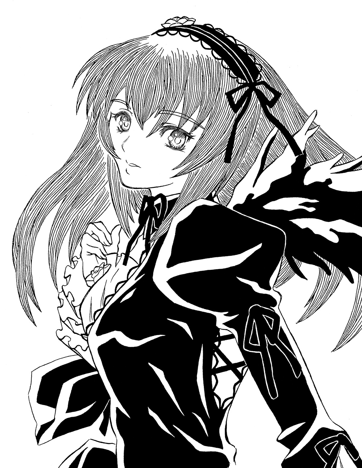 1girl closed_mouth dress eyebrows_visible_through_hair frills greyscale hairband image juliet_sleeves long_hair long_sleeves looking_at_viewer monochrome ribbon simple_background solo suigintou upper_body white_background wings
