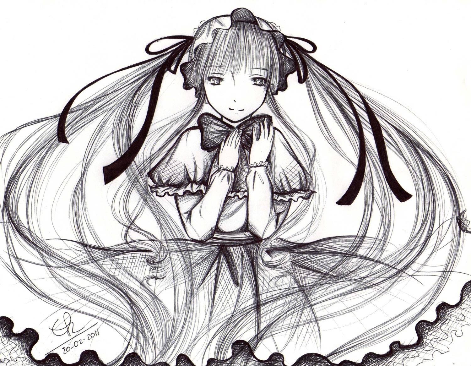 1girl artist_name capelet dated dress frills greyscale hairband image lolita_fashion lolita_hairband long_hair long_sleeves looking_at_viewer monochrome own_hands_together ribbon shinku signature smile solo traditional_media very_long_hair
