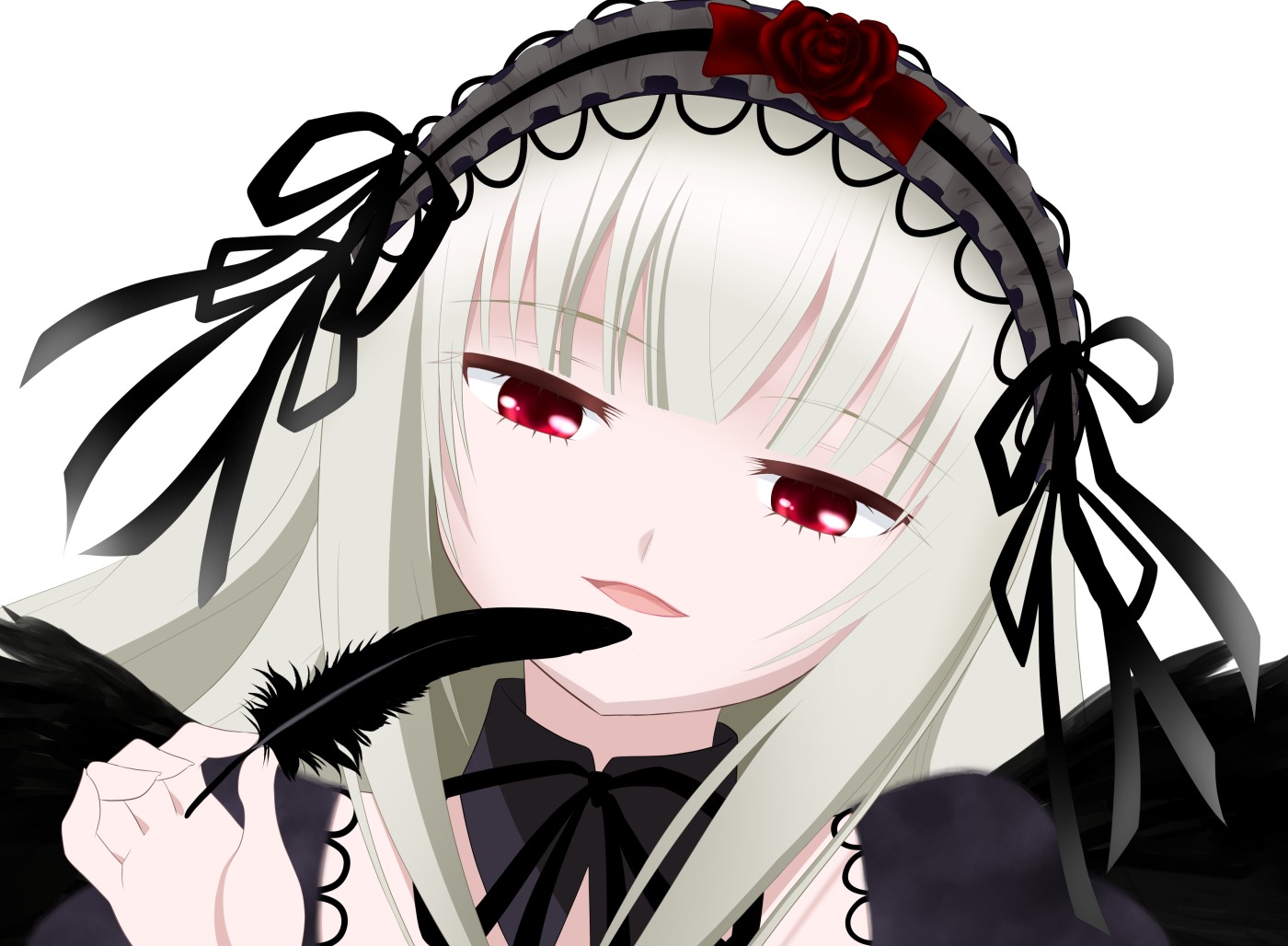 1girl auto_tagged black_ribbon black_wings blush detached_collar dress feathers flower hairband image long_hair looking_at_viewer red_eyes ribbon rose silver_hair simple_background smile solo suigintou white_background wings