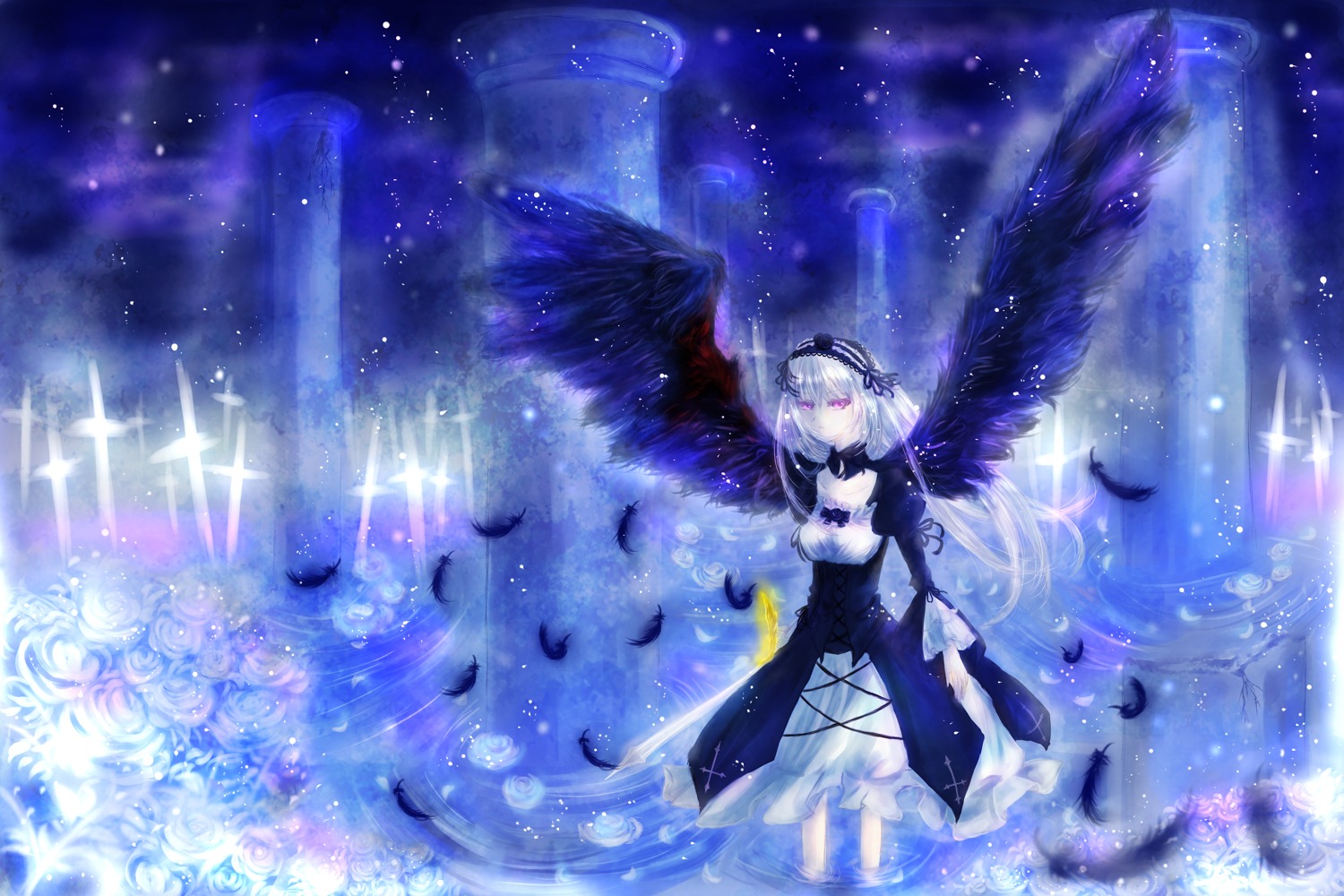 1girl black_wings dress feathered_wings feathers flower hairband image long_hair red_eyes silver_hair sky solo star_(sky) starry_sky suigintou wings