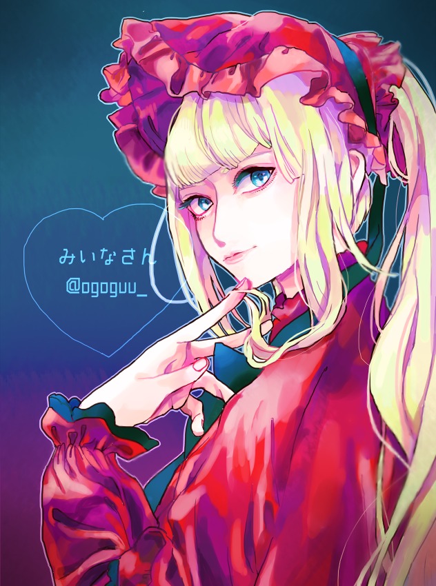 1girl bangs blonde_hair blue_eyes bonnet closed_mouth dress flower frills image lolita_fashion long_hair long_sleeves looking_at_viewer red_dress scrunchie shinku solo upper_body