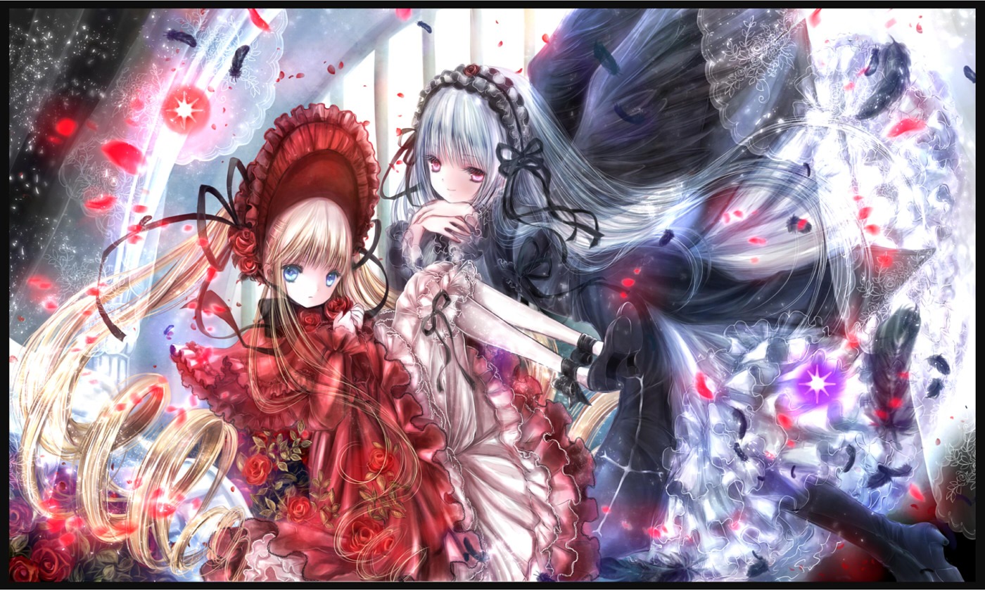 2girls black_border blonde_hair blue_eyes dress drill_hair flower frills gothic_lolita hairband letterboxed lolita_fashion lolita_hairband long_hair multiple_girls petals red_dress red_eyes red_flower red_rose rose rose_petals shinku silver_hair suigintou twintails very_long_hair wings