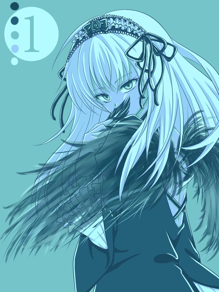 1girl blue_background blue_theme covering_mouth dress eyebrows_visible_through_hair hair_ribbon hairband image lolita_hairband long_hair long_sleeves looking_at_viewer monochrome ribbon simple_background solo suigintou upper_body wings