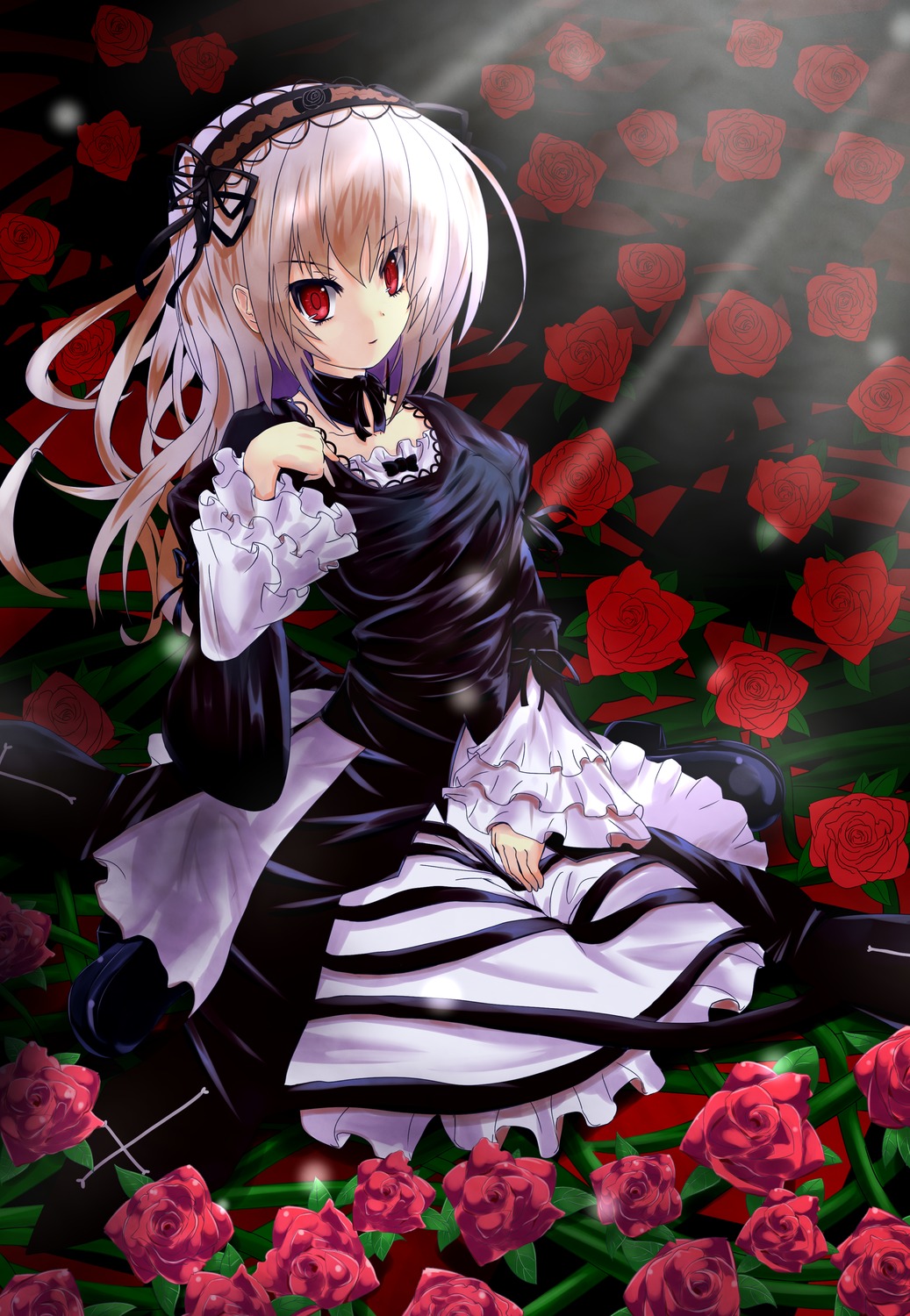 1girl black_flower black_rose dress fence flower gothic_lolita hairband image lolita_fashion lolita_hairband long_hair orange_flower pink_rose plant purple_rose red_eyes red_flower red_rose rose rose_petals solo suigintou thorns vines yellow_rose