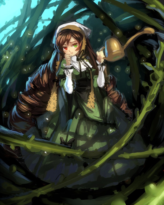 1girl brown_hair commentary dress drill_hair frills green_dress green_eyes head_scarf heterochromia hikariz image light_smile lips long_hair long_sleeves looking_at_viewer nature outdoors plant red_eyes rozen_maiden smile solo suiseiseki tree twin_drills very_long_hair vines watering_can