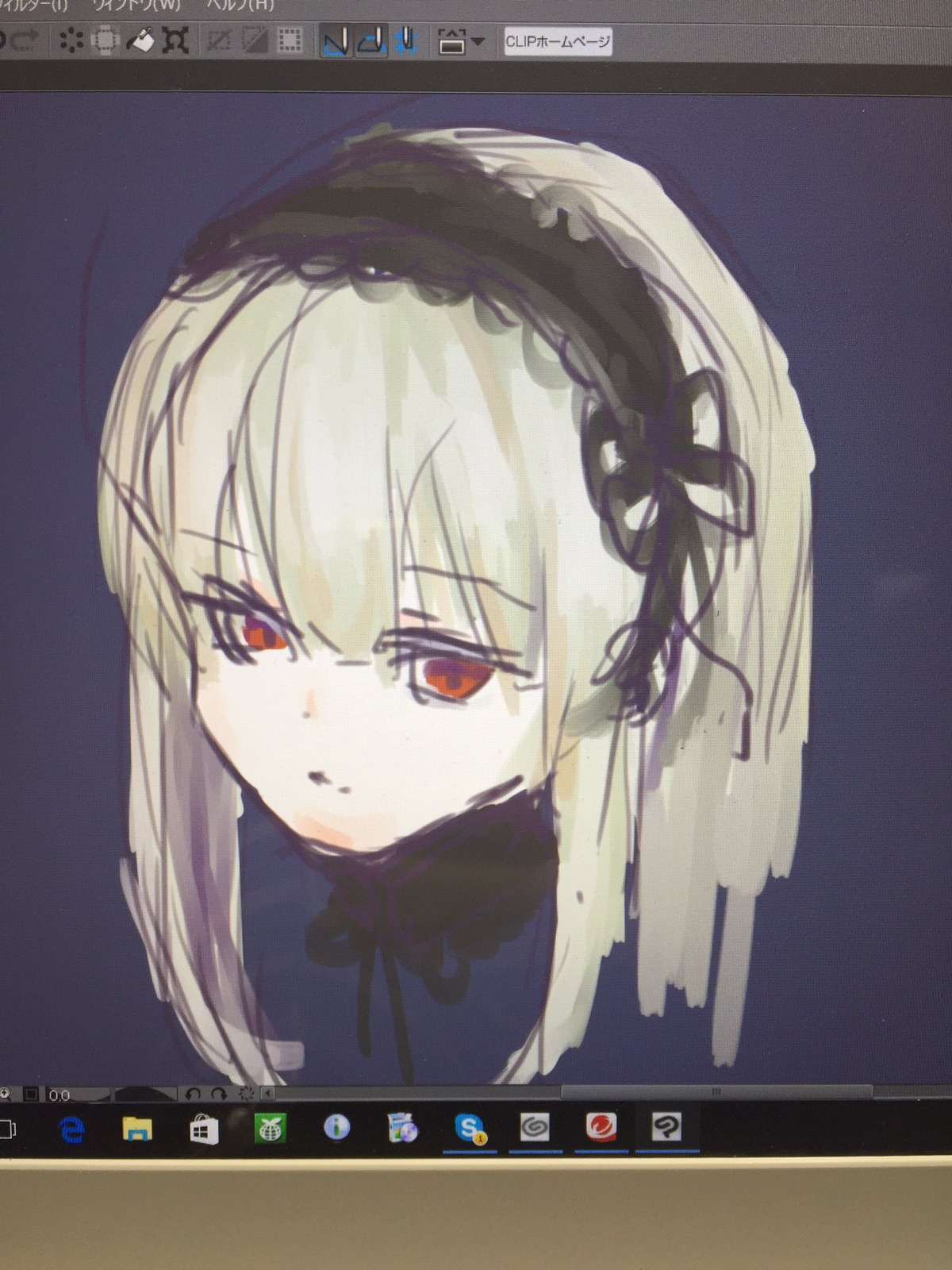 1girl bangs character_name eyebrows_visible_through_hair fake_screenshot hairband image long_hair looking_at_viewer red_eyes ribbon simple_background solo suigintou visual_novel