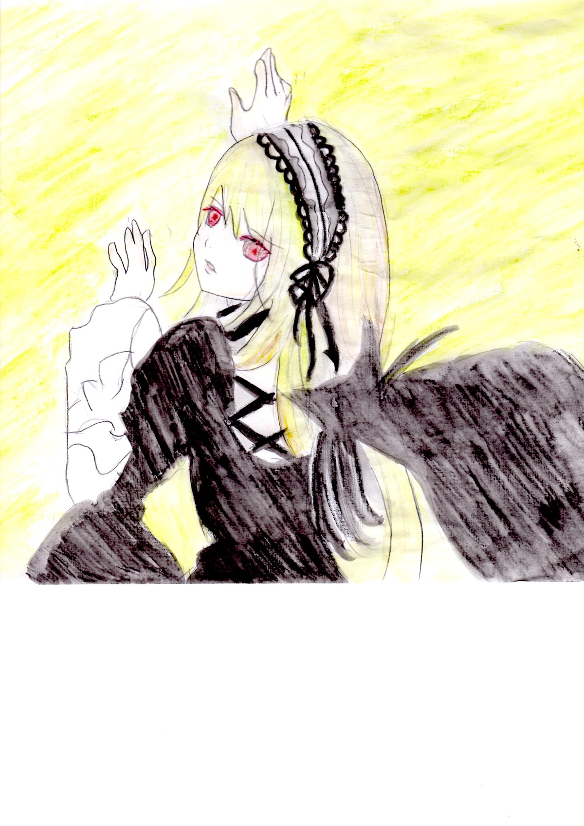 1girl bangs black_dress blonde_hair dress feathered_wings hairband image long_hair long_sleeves looking_at_viewer looking_back red_eyes solo suigintou upper_body wings yellow_background