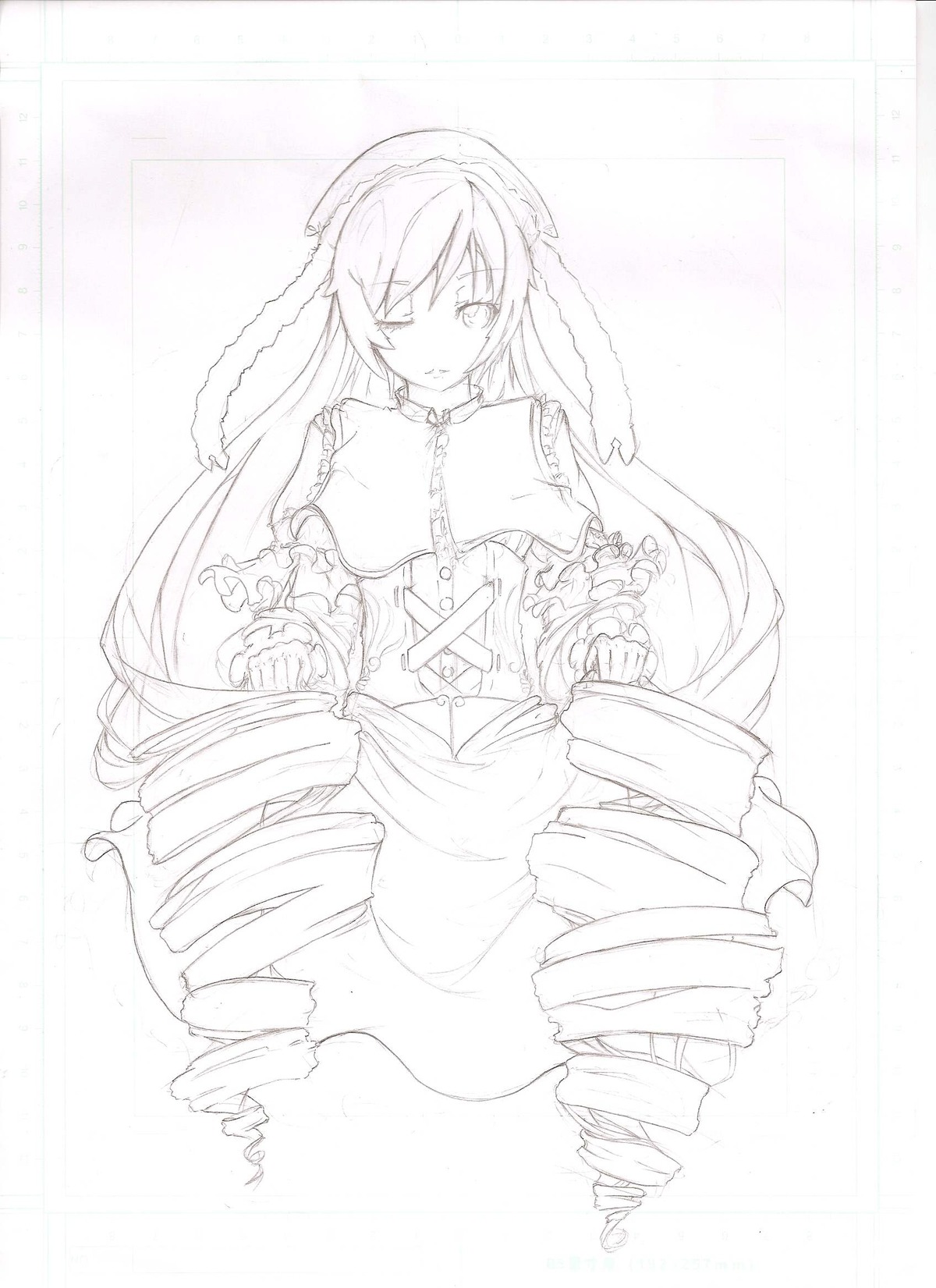 1girl dress drill_hair frills image long_hair long_sleeves monochrome ringlets solo suiseiseki twin_drills very_long_hair