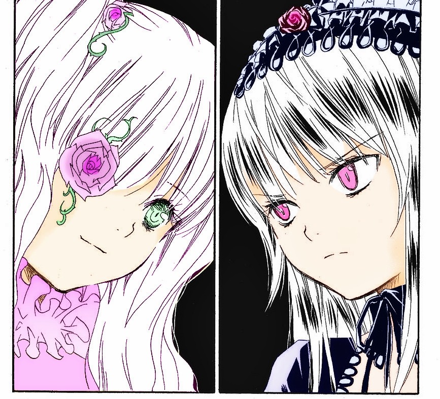 2girls closed_mouth face flower frown green_eyes hairband image kirakishou long_hair looking_at_viewer multiple_girls pair pink_flower pink_rose purple_rose rose suigintou white_hair white_rose