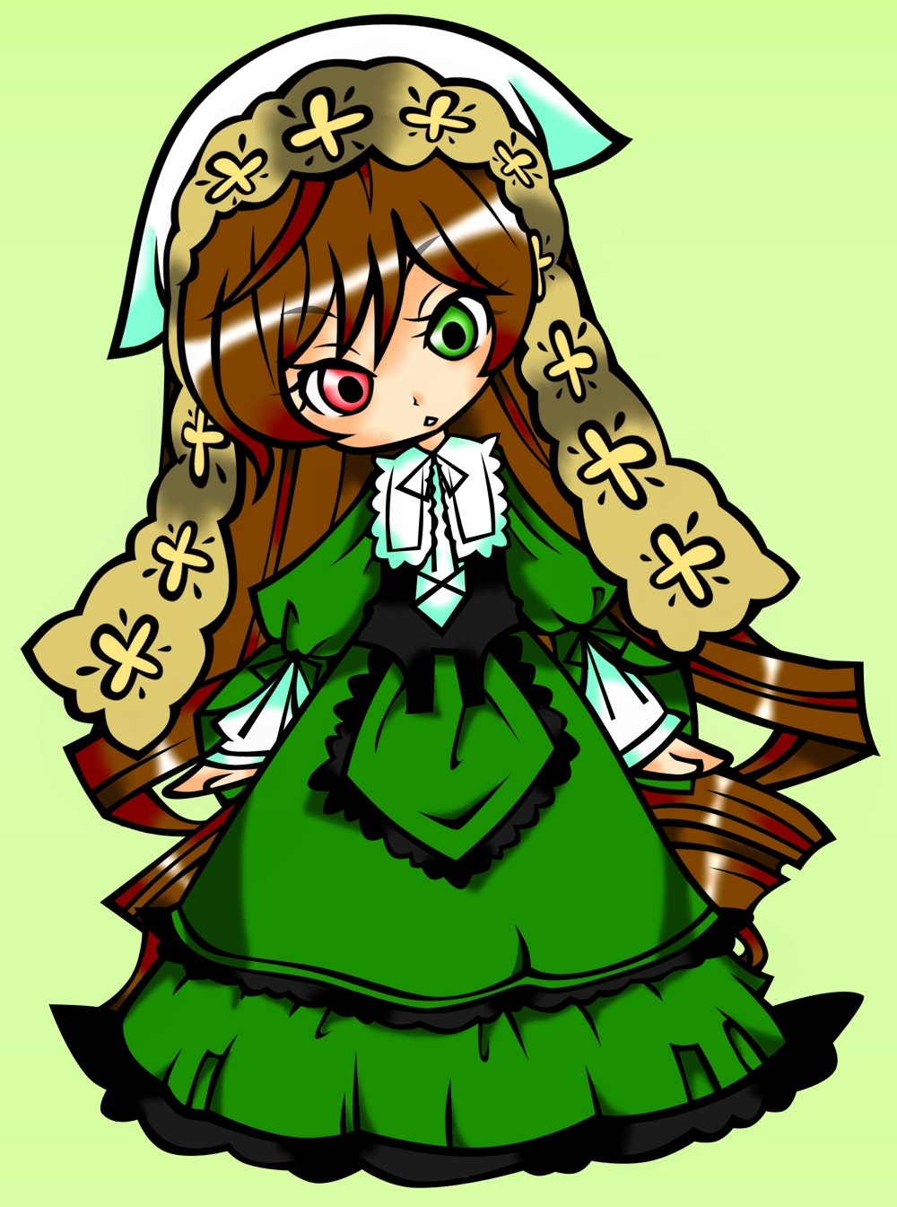 1girl brown_hair chibi dress drill_hair frills full_body green_background green_dress green_eyes hairband heterochromia image long_hair long_sleeves red_eyes solo standing suiseiseki very_long_hair