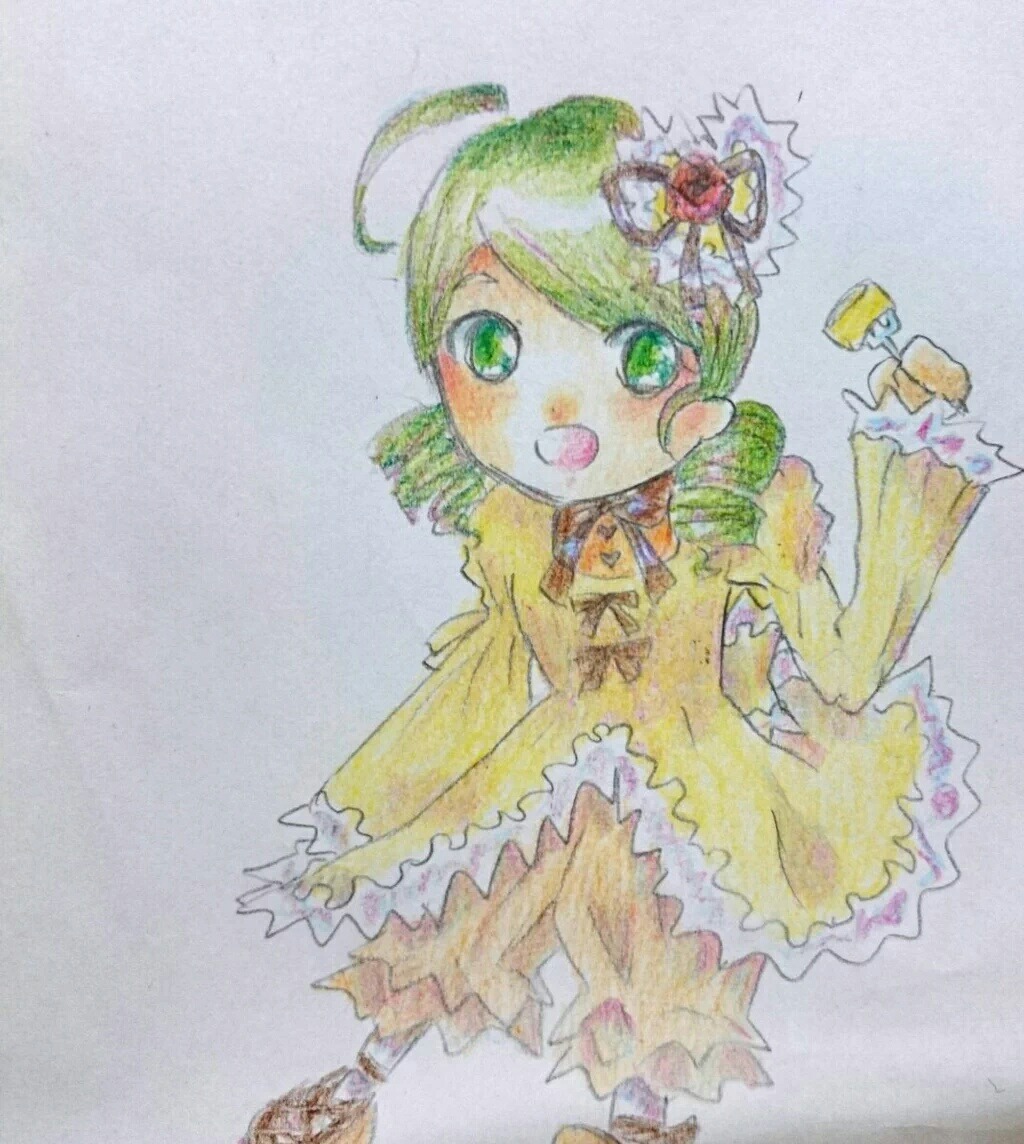 1girl :d ahoge bow colored_pencil_(medium) dress full_body green_eyes green_hair hair_ornament image kanaria long_sleeves open_mouth photo smile solo traditional_media watercolor_(medium) yellow_dress