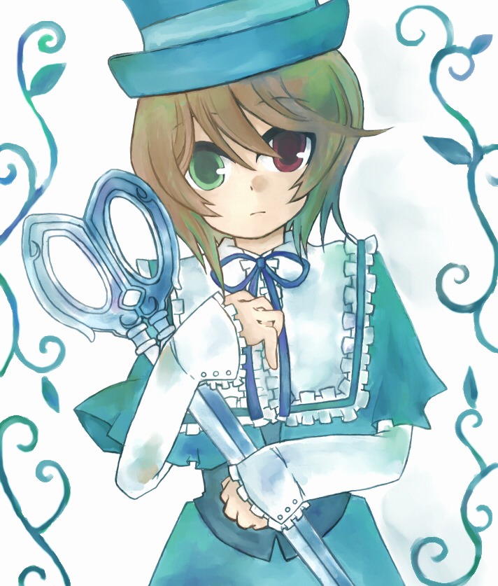 1girl blue_dress brown_hair dress frills green_eyes hat heterochromia image long_sleeves looking_at_viewer red_eyes ribbon short_hair solo souseiseki suiseiseki top_hat