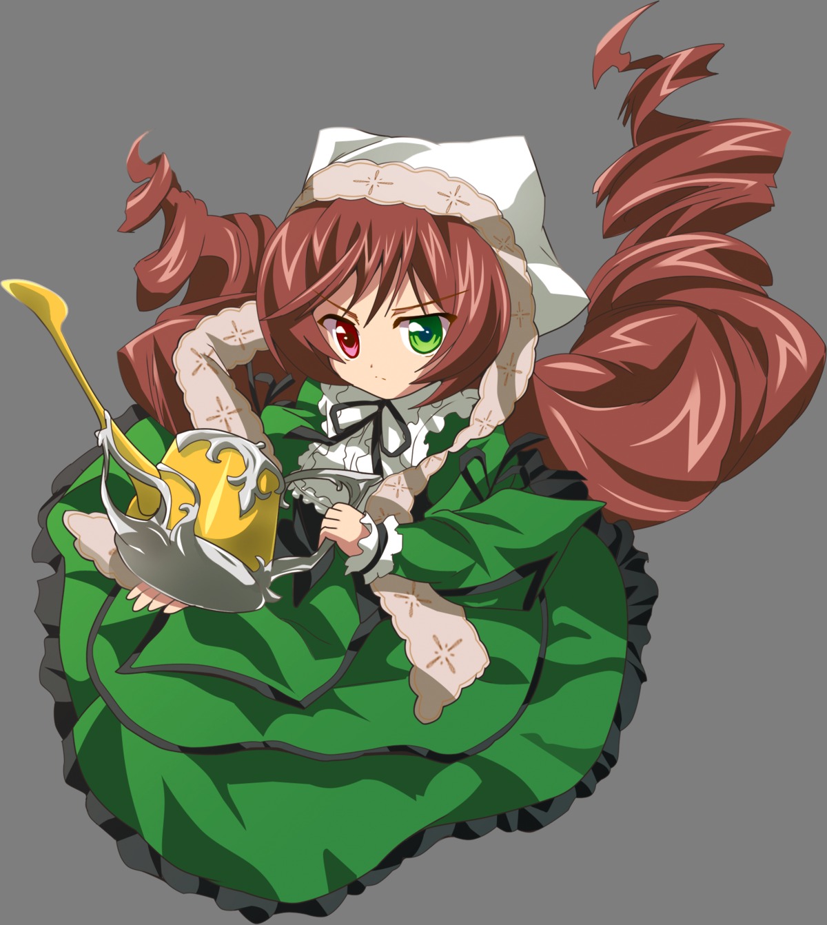 1girl brown_hair commentary_request dress drill_hair frills full_body green_eyes heterochromia highres image long_hair long_sleeves looking_at_viewer oyu_no_kaori red_eyes ribbon rozen_maiden solo suiseiseki transparent_background twin_drills twintails very_long_hair watering_can