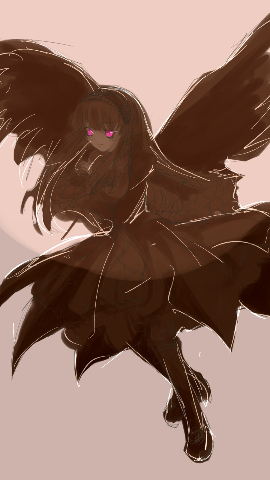 1girl akemi_homura akuma_homura black_hair black_wings bow dress elbow_gloves feathered_wings gloves hair_bow hairband image kaname_madoka long_hair looking_at_viewer monochrome purple_eyes simple_background solo suigintou wings