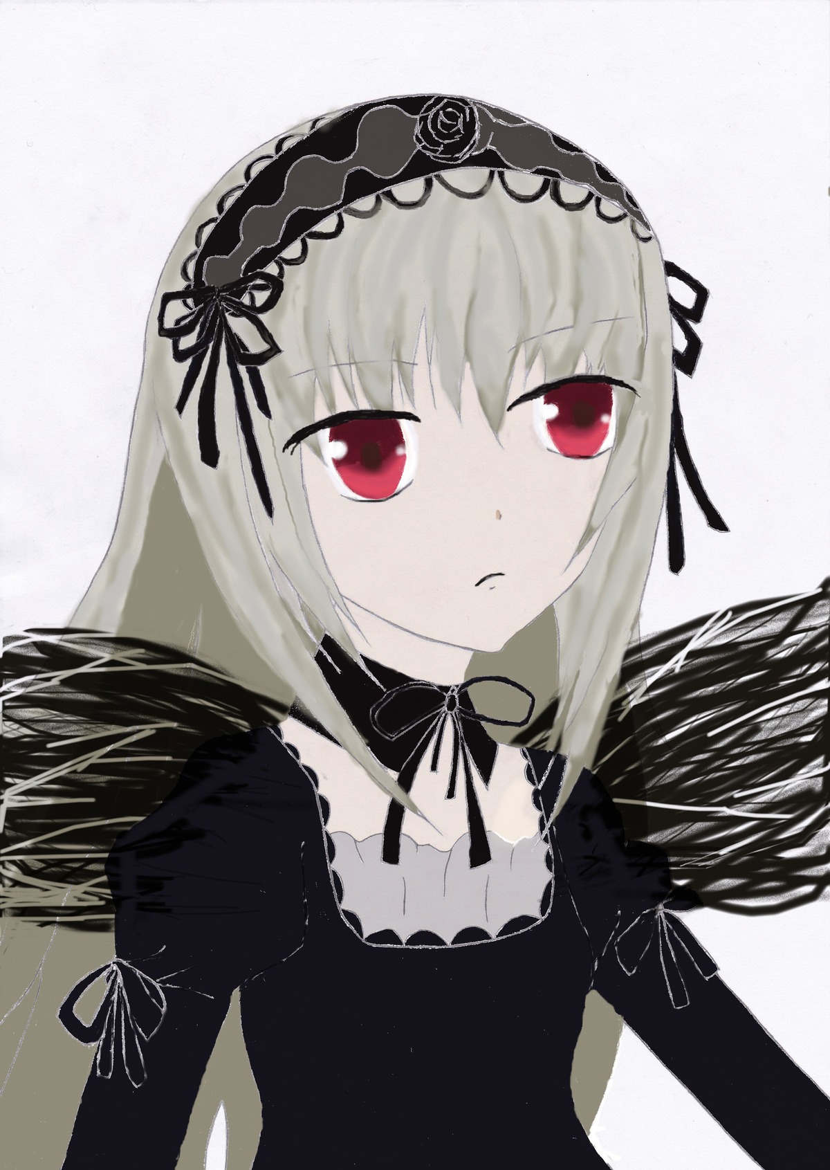 1girl bangs black_dress black_ribbon black_wings closed_mouth detached_collar dress expressionless flower frills hairband image long_hair long_sleeves looking_at_viewer puffy_sleeves red_eyes ribbon silver_hair simple_background solo suigintou upper_body wings