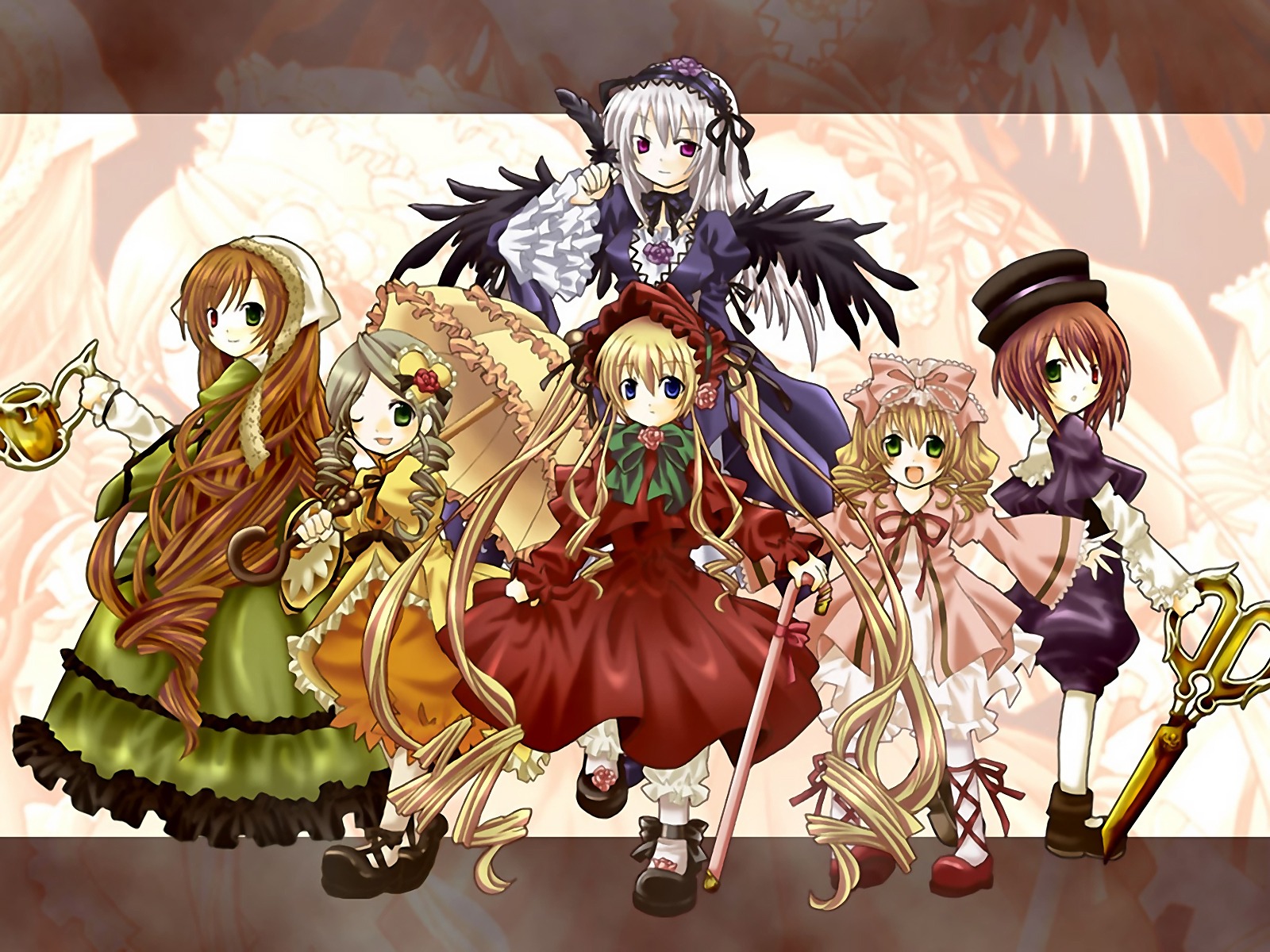 6+girls blonde_hair blue_eyes bow brown_hair cane commentary_request dress drill_hair frills green_dress green_eyes green_hair hairband hat head_scarf heterochromia hina_ichigo image kanaria kuro_(pixiv213382) long_hair long_sleeves multiple multiple_girls pink_bow purple_eyes red_dress rozen_maiden scissors shinku short_hair siblings silver_hair sisters souseiseki suigintou suiseiseki tagme twins twintails umbrella very_long_hair watering_can wings