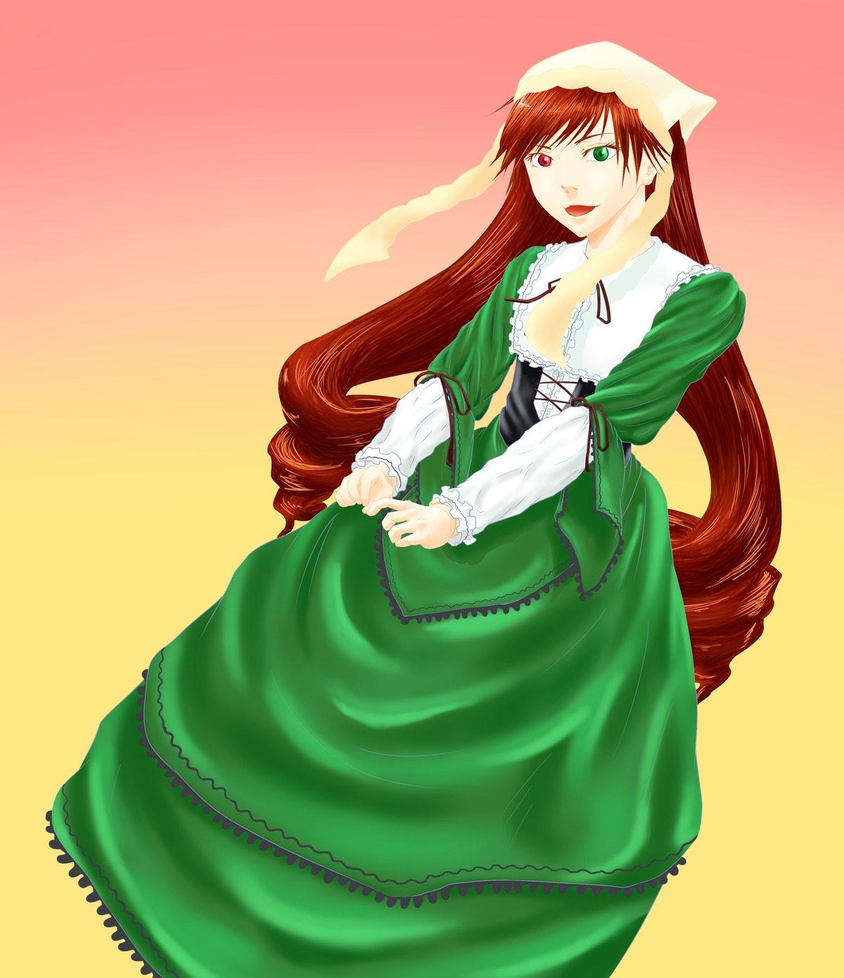 1girl breasts brown_hair corset dress frills green_dress green_eyes head_scarf heterochromia image long_hair long_sleeves looking_at_viewer open_mouth red_eyes simple_background solo suiseiseki very_long_hair