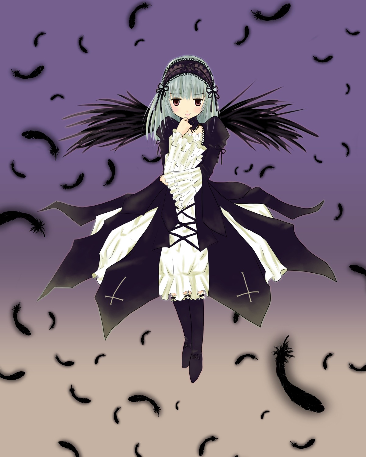 1girl bird black_feathers black_wings crow dove dress feathered_wings feathers flower frills full_body hairband image lolita_hairband long_hair long_sleeves looking_at_viewer seagull silver_hair solo standing suigintou white_feathers wings