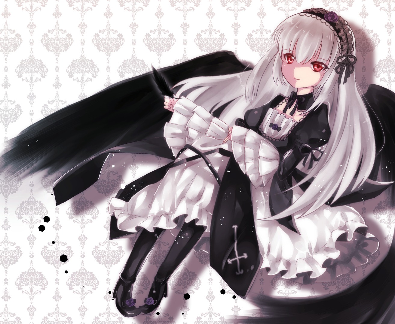 1girl black_dress black_footwear black_ribbon black_wings boots dress flower frilled_sleeves frills full_body hairband high_heel_boots image long_hair long_sleeves looking_at_viewer puffy_sleeves red_eyes ribbon rose silver_hair solo suigintou very_long_hair wings