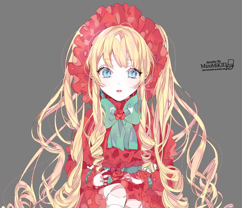 1girl bad_id bad_pixiv_id blonde_hair blue_eyes blush bonnet bow bowtie doll dress drill_hair flower green_bow image long_hair long_sleeves looking_at_viewer parted_lips piyo_(ppotatto) red_dress rose rozen_maiden shinku simple_background solo teeth twintails very_long_hair white_background