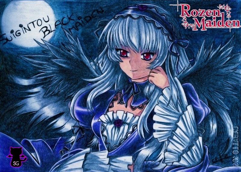 1girl black_wings detached_collar dress feathered_wings frilled_sleeves frills hairband image long_hair long_sleeves looking_at_viewer moon red_eyes rose silver_hair smile solo suigintou traditional_media wings