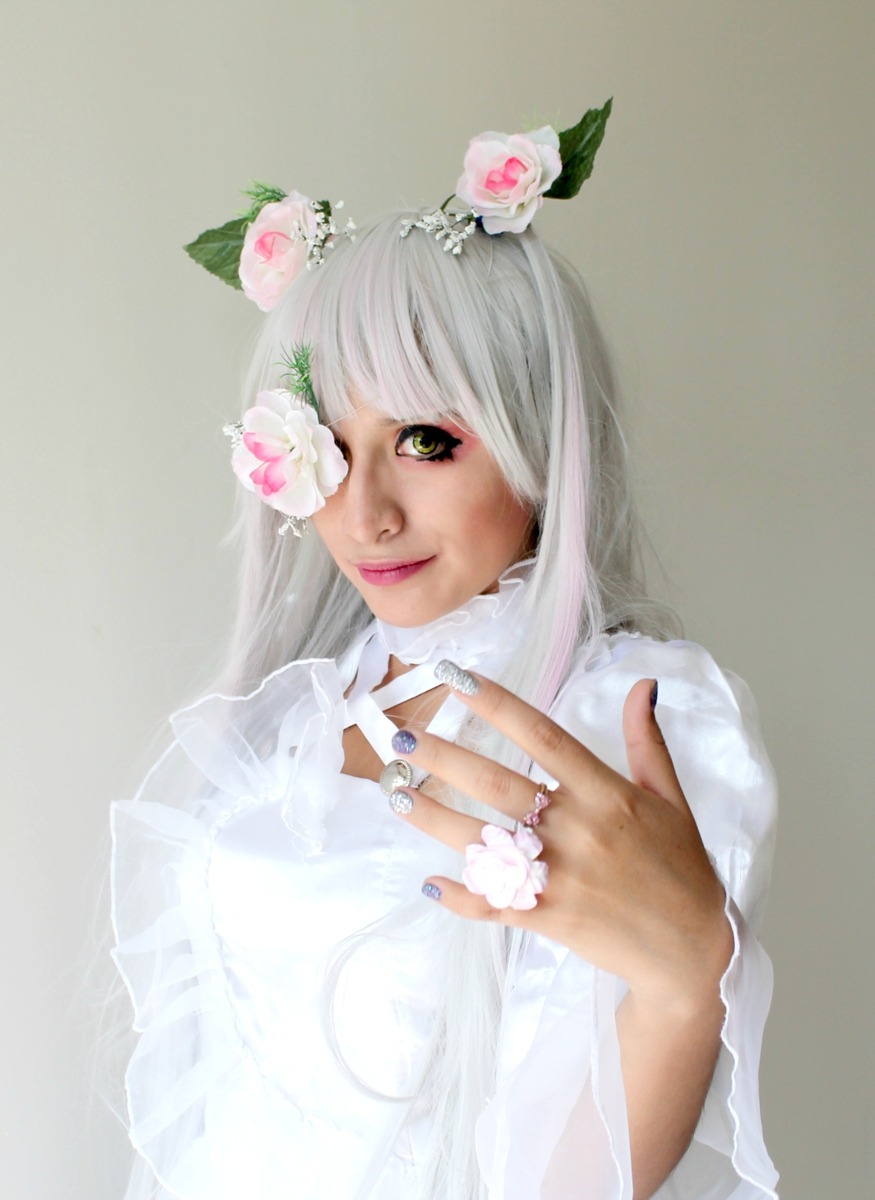 1girl 3d flower hair_ornament hands kirakishou lips long_hair nail_polish realistic ring solo white_hair