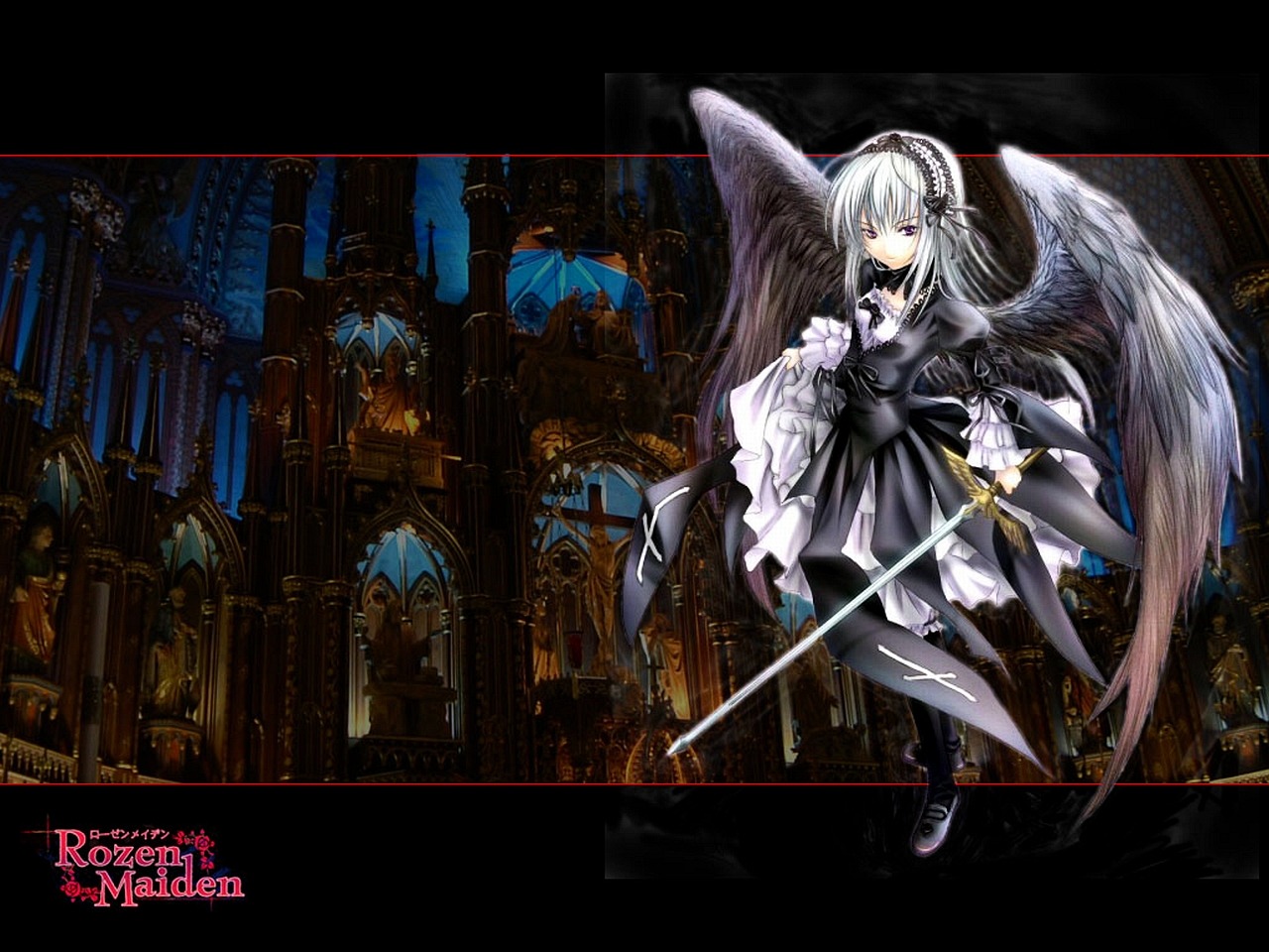 1girl auto_tagged black_wings cross dress feathered_wings feathers frills hairband image letterboxed long_hair long_sleeves silver_hair solo suigintou sword thighhighs weapon wings