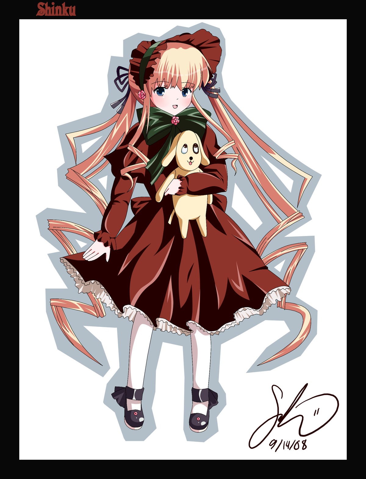 1girl black_border blonde_hair blue_eyes blush bonnet border bow dress full_body image letterboxed long_hair long_sleeves looking_at_viewer mary_janes open_mouth pantyhose red_dress shinku shoes signature solo striped twintails very_long_hair white_legwear