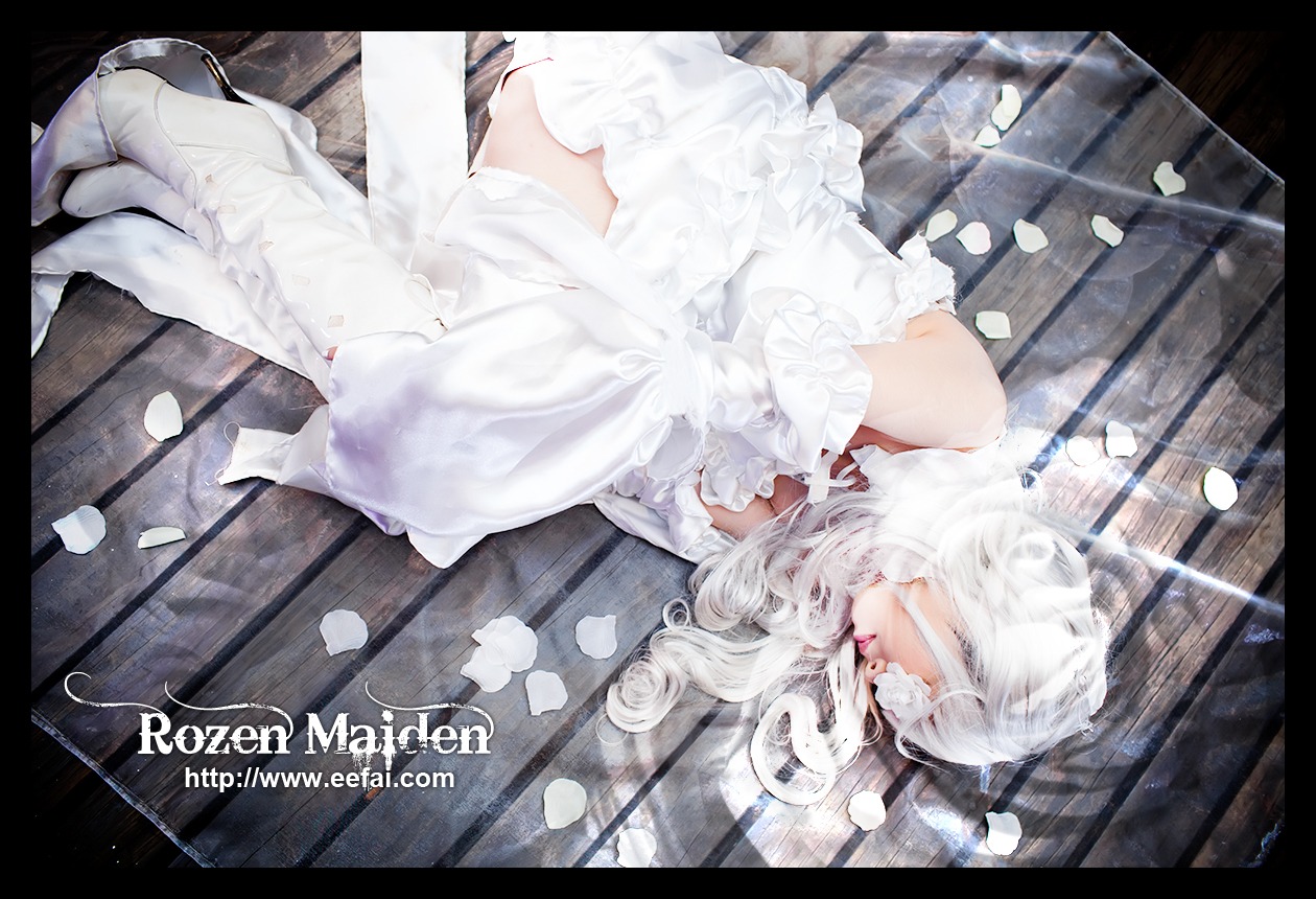 1girl bare_shoulders black_border dress flower kirakishou letterboxed long_hair lying on_side petals solo tile_floor tiles white_dress white_hair white_theme