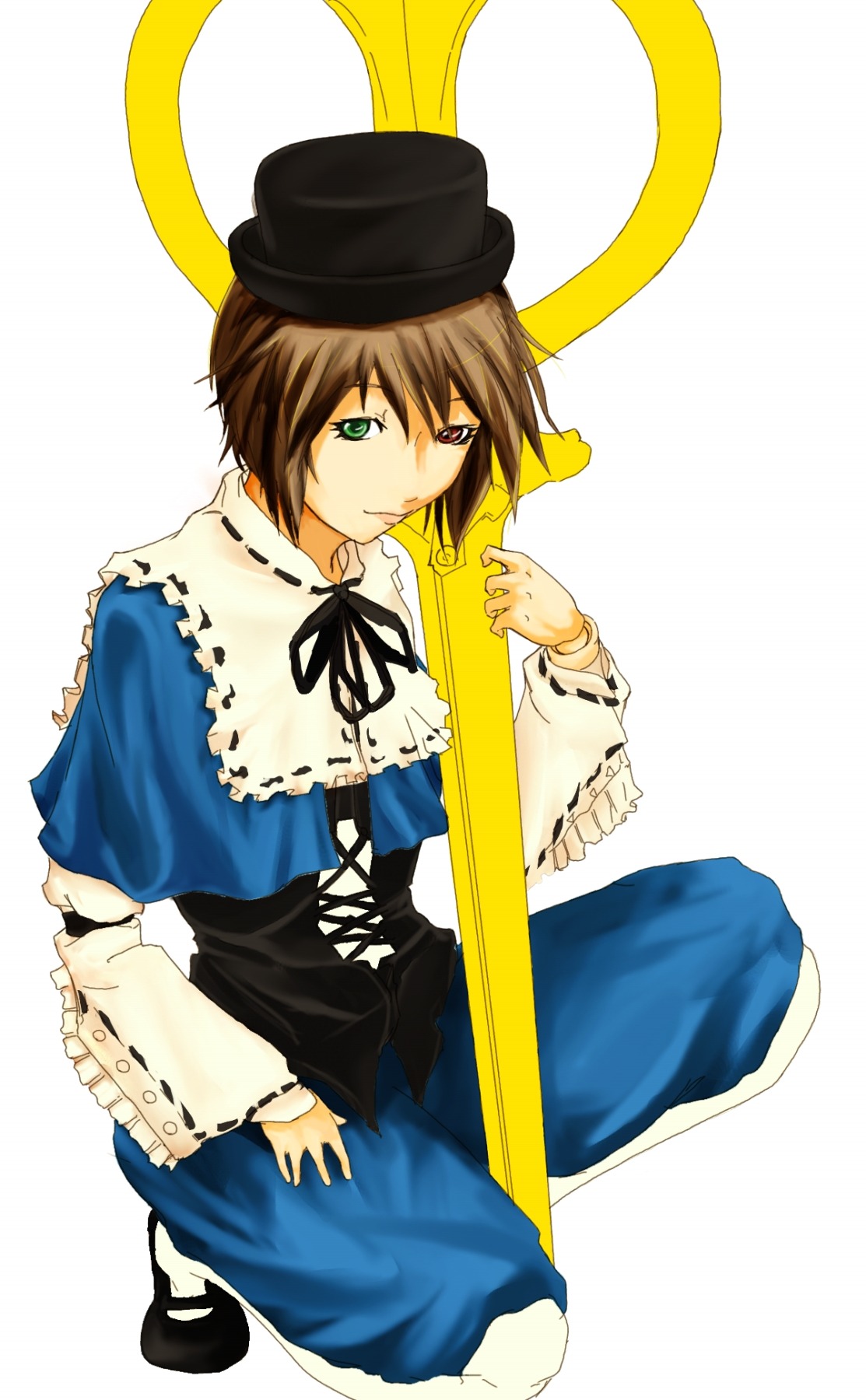 1boy brown_hair capelet dress frills full_body green_eyes hat heterochromia image long_sleeves looking_at_viewer ribbon sitting solo souseiseki top_hat