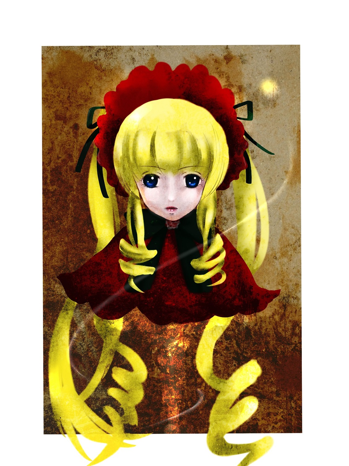 1girl auto_tagged bangs blonde_hair blue_eyes bonnet dress drill_hair flower image long_hair long_sleeves looking_at_viewer red_dress rose shinku solo twin_drills twintails very_long_hair