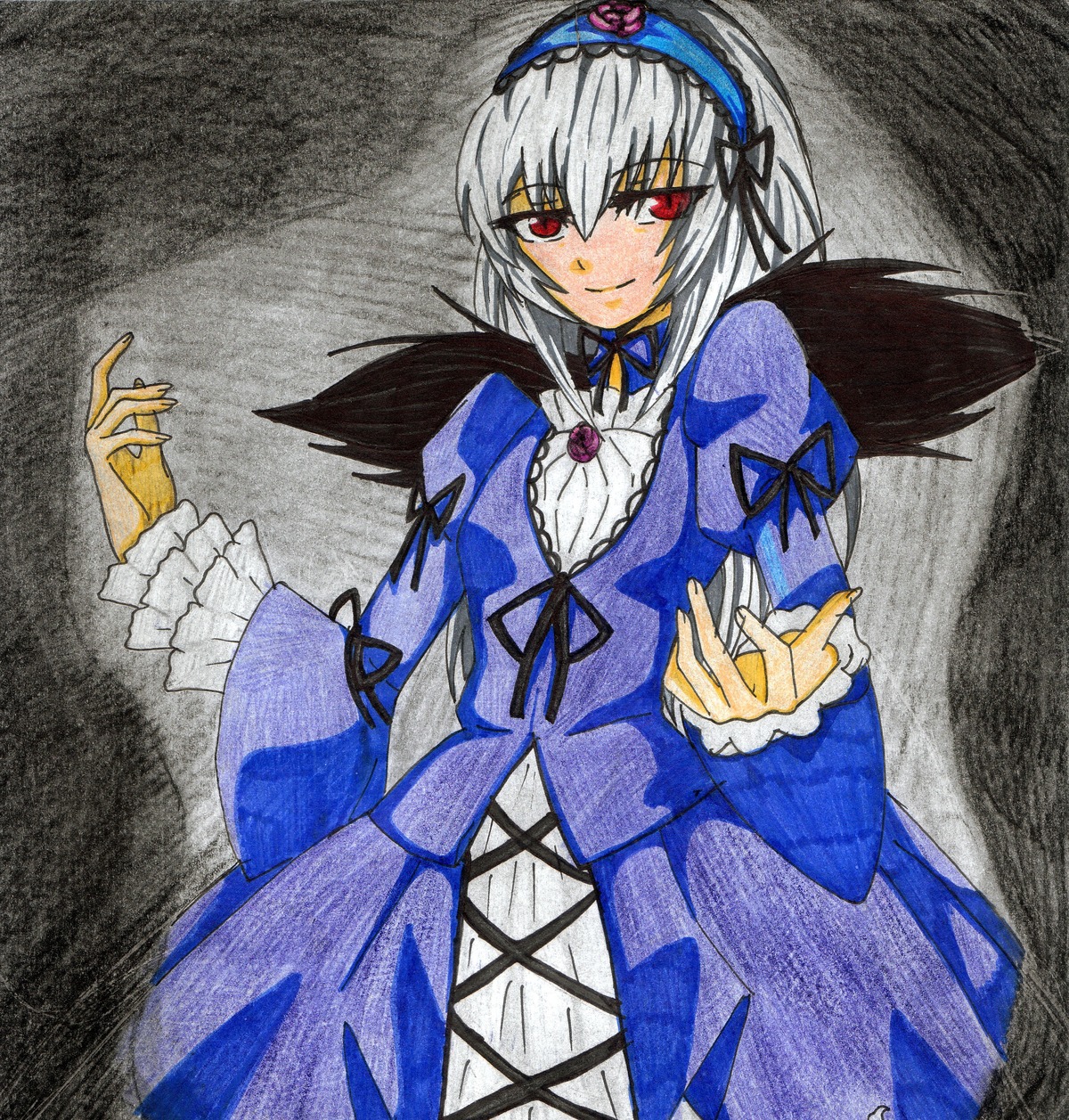 1girl black_wings blue_dress colored_pencil_(medium) cross-laced_clothes dress frilled_sleeves frills hairband image lolita_hairband long_hair long_sleeves looking_at_viewer marker_(medium) red_eyes rose silver_hair smile solo suigintou traditional_media wings
