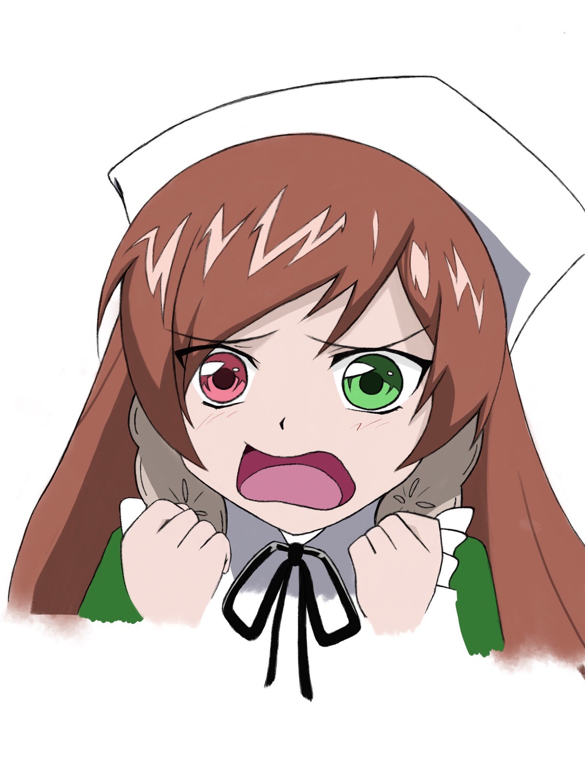 1girl brown_hair green_eyes hat head_scarf heterochromia image long_hair long_sleeves looking_at_viewer open_mouth red_eyes simple_background solo suiseiseki tears white_background