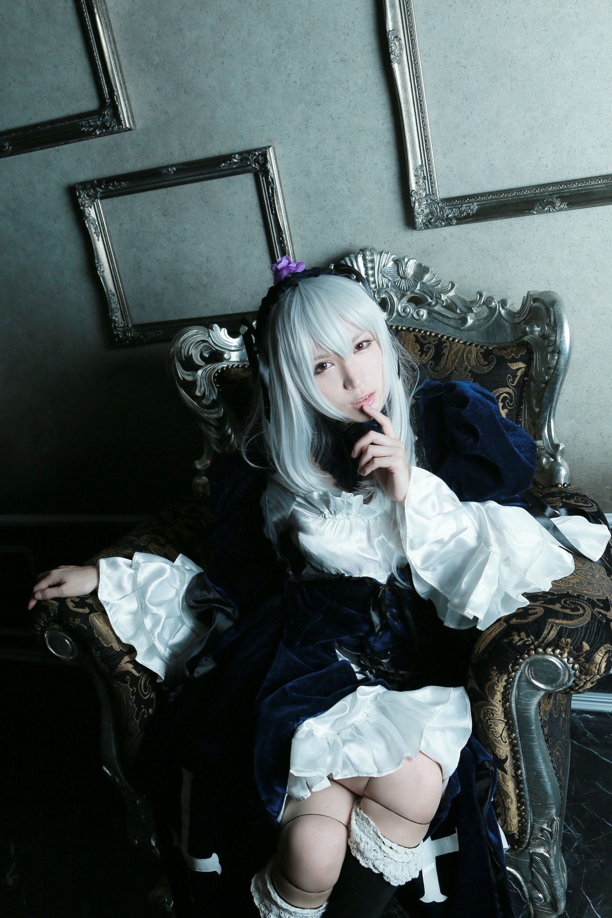 1girl boots dress flower frills gothic_lolita long_hair long_sleeves rose sitting solo suigintou white_hair wide_sleeves