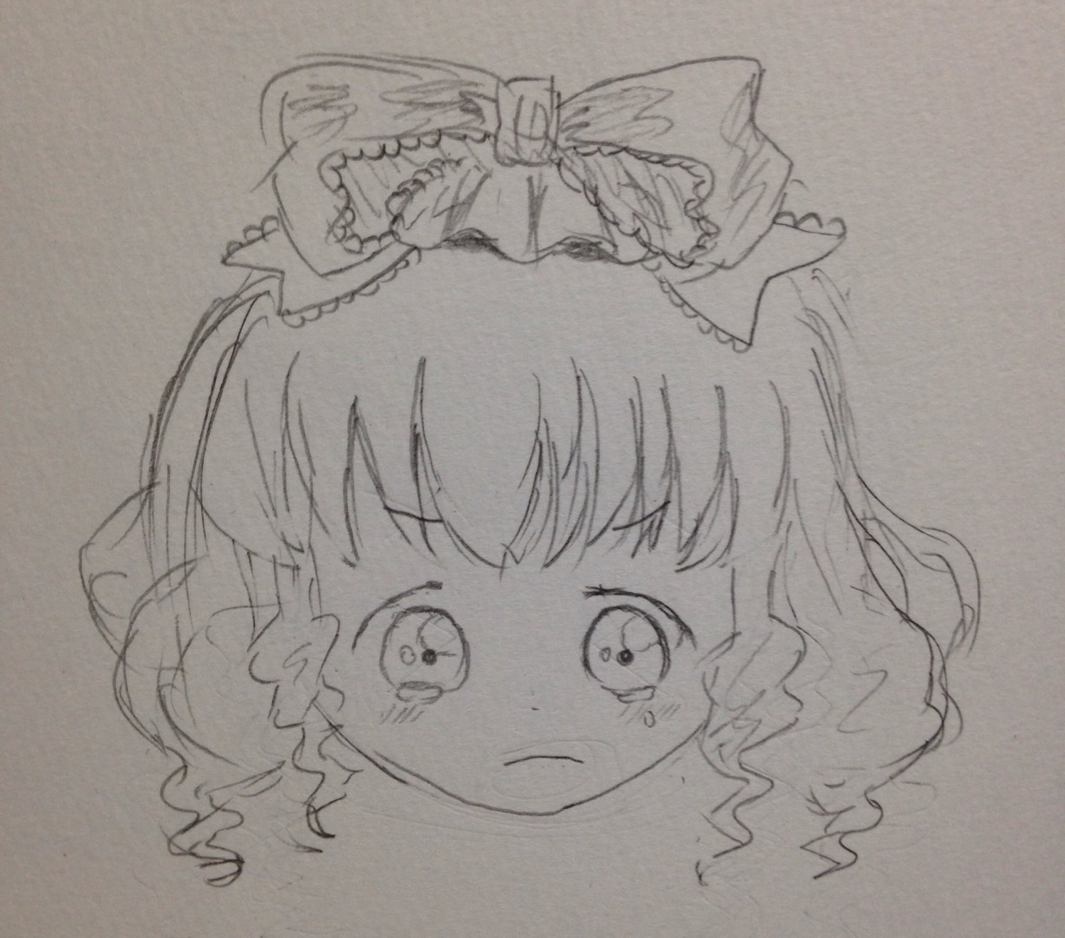 1girl bow crying crying_with_eyes_open greyscale hair_bow hinaichigo image looking_at_viewer monochrome photo portrait simple_background solo tears traditional_media